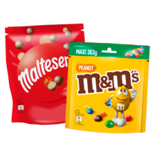M&M’s maxi zak à 309/363 gram
of Maltesers zak à 273 gram